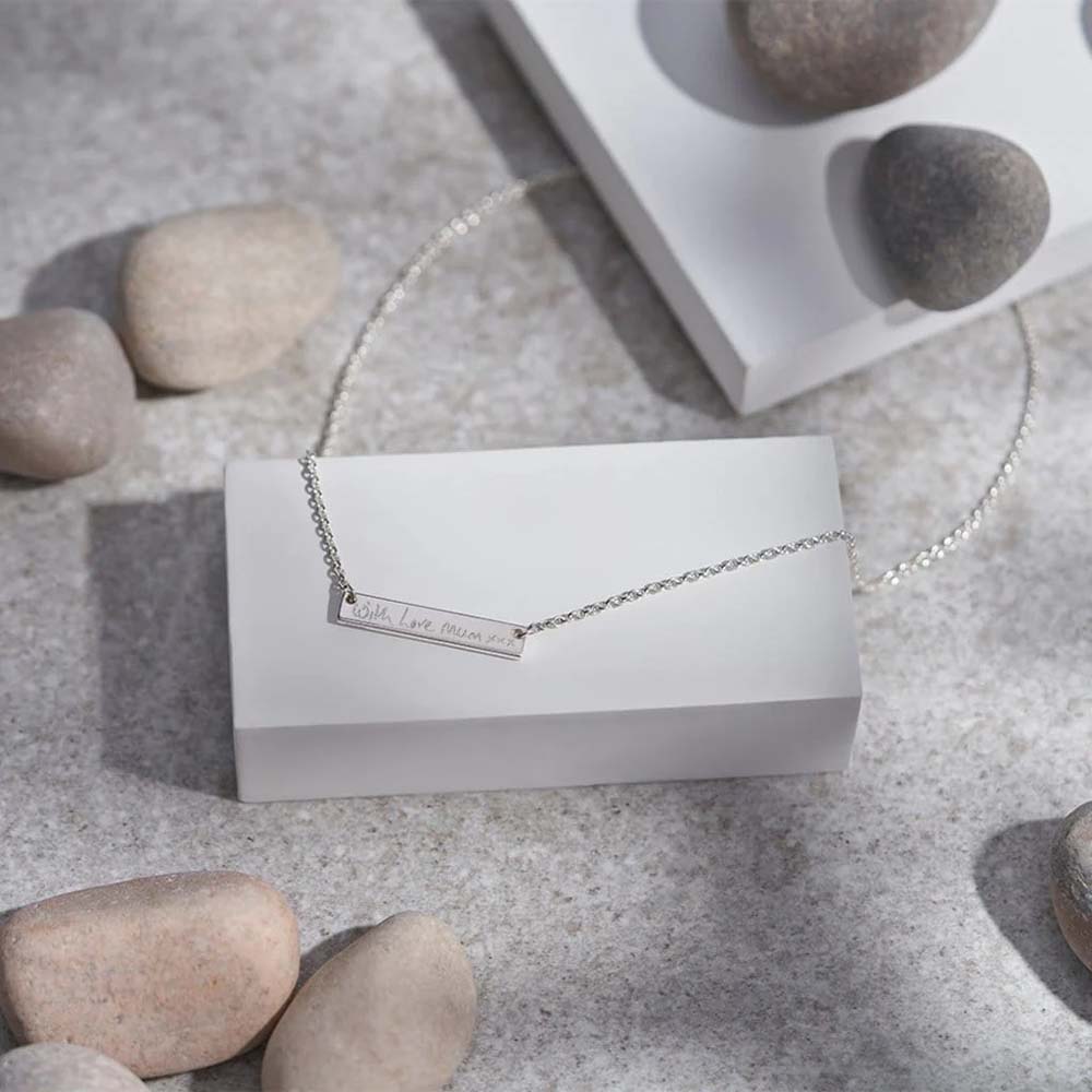 Silver Horizontal Bar Pendant Engraved with Your Handwriting - Image 3